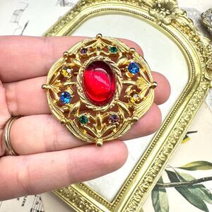 Vintage Red Glass and Colorful Stones in Gold Tone Brooch Jewel Tone Cabochon